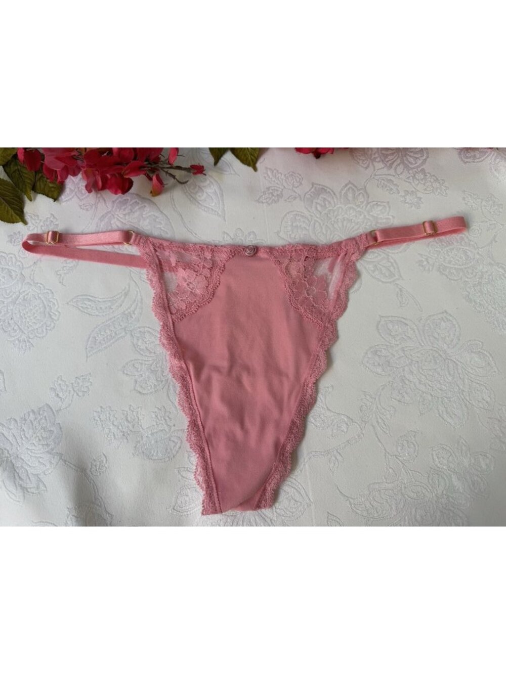 VICTORIA'S SECRET XL PINK SILKY DREAM ANGELS ADJ SIDE V STRING THONG PANTIES NWT